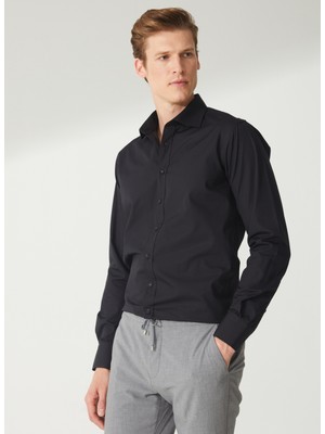Süvari Slim Fit Klasik Yaka Düz Siyah Erkek Gömlek GM1007100487