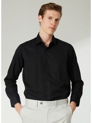 Süvari Regular Fit Klasik Yaka Armürlü Siyah Erkek Gömlek GM2025000266