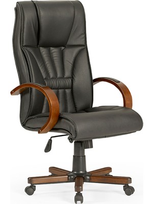 Mehmet Yaren Büro Mehmet Yaren Ahşap Ayaklı Siyah Renk Büro Makam Bilgisayar Koltuğu Tekerlekli Deri Sırt Yüzeyi