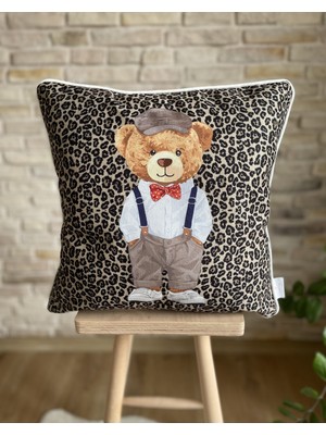 Biyeli Çift Taraf Baskılı Teddy Bear Temalı Raşel Örme Kumaş Kırlent Kılıfı 43X43