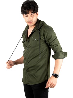 DeepSEA Haki Kapüşonlu Likralı Kot Gömlek – Slim Fit Çıt Çıt Kapamalı Erkek Gömlek 2300396