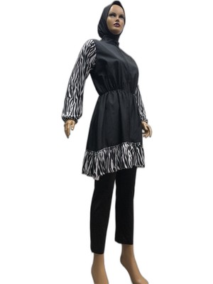 Eflin Kadın Giyim Hasema Siyah-Beyaz Zebra Fırfırlı Tam Kapalı Tesettür Mayo Bone Dahil
