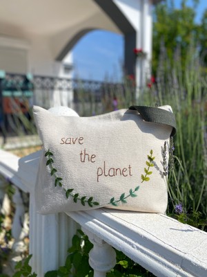 Pine Save Planet Nakışlı ham keten omuz Çantası