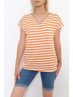 By Mino Fermuarlı Çizgili Tişört Turuncu - 9657.1567.