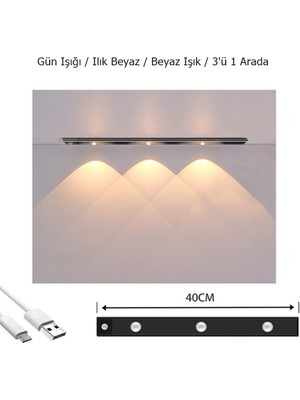 Ucuz Geldi Sensörlü Şarjlı Mıknatıslı 3 Farklı Işık Renkli Dimmerli 40CM Siyah Cata Bella Ultra Slim Kabin LED