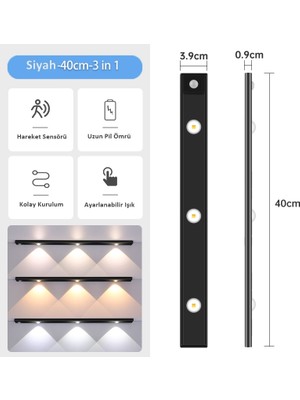 Ucuz Geldi Sensörlü Şarjlı 3 Farklı Işık Renkli Dimmerli 40CM Siyah Cata Bella Ultra Slim Kabin LED