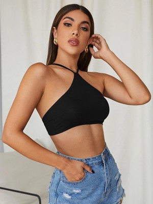 Liona Kadın Siyah Renk Sırtı Açık Bağcıklı Sütyen Stil Super Crop Halter Bluz