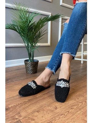 New Optimal Forlan Hasır Işlemeli Taş Detaylı Terlik Siyah 41