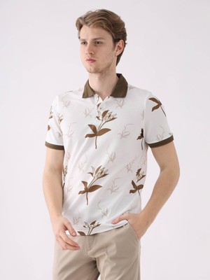 Dufy Kahverengi Erkek Slim Fit Çiçek Desenli Casual Polo Yaka T-shirt