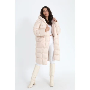 Vpr Moda Kapüşonlu Uzun Oversize Şişme Kadın Mont - Somon