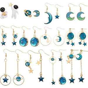 12 Pairs Ay Yıldız Dangle Toprak Gezegen Asimetrik Damla Astronot Saplama Küpe Takı Seti Kadınlar Kızlar Için (Yurt Dışından)
