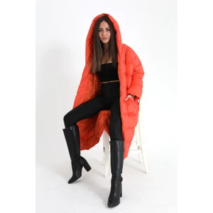 Vpr Moda Kapüşonlu Uzun Oversize Şişme Kadın Mont - Turuncu