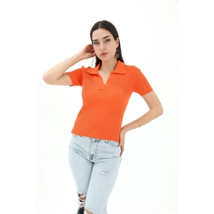 Polo Yakalı Kısa Kol Triko Kazak - Turuncu