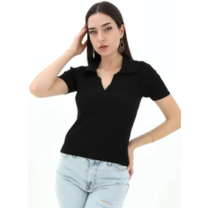 Polo Yakalı Kısa Kol Triko Kazak - Siyah