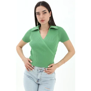 Kruvaze Polo Yaka Triko Kazak - Yeşil
