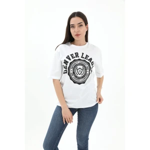 Bisiklet Yaka Denver Leagune Baskılı T-Shirt - Beyaz