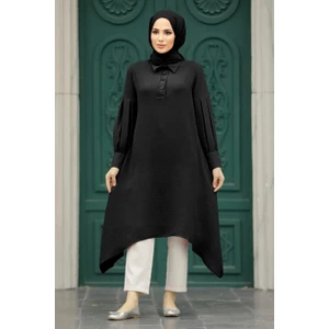 Neva Style - Asimetrik Detaylı Siyah Tesettür Tunik 615S