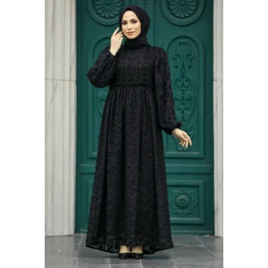 Neva Style - Desenli Siyah Tesettür Elbise 1388S