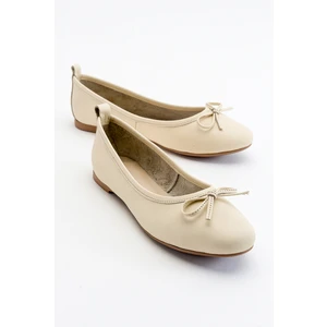 01 Ekru Bej Hakiki Deri Kadın Babet Ayakkabı