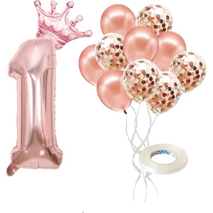 Patladı Gitti Rakam Rose Gold Folyo Balon, Kral Tacı ve Konfetili Rose Gold Balon