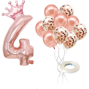 Patladı Gitti Rakam Rose Gold Folyo Balon, Kral Tacı ve Konfetili Rose Gold Balon