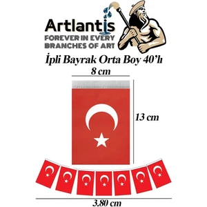 Ipli Bayrak Orta Boy 40'lı 8X13CM 1 Paket Türk Bayrağı Kağıt Ipli Sıralı Ayyıldız Bayrak Sınıf Süsü Okul Bayram