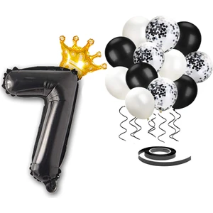 Patladı Gitti Rakam Siyah Folyo Balon, Kral Tacı ve Konfetili Siyah Balon Seti