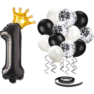 Patladı Gitti Rakam Siyah Folyo Balon, Kral Tacı ve Konfetili Siyah Balon Seti