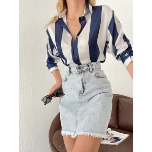 Cng Moda Kalın Çizgili Saten Gömlek