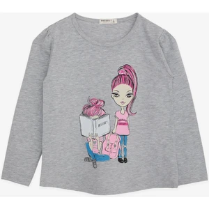 Kız Çocuk Uzun Kollu Tişört Kız Bakılı 4-9 Yaş, Gri Melanj