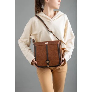 Cilt 2 Bölmeli Kapaklı Fermuarlı Taba Siyah Kadın Omuz Çantası