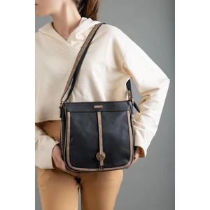 Cilt 2 Bölmeli Kapaklı Fermuarlı Siyah Vizon Kadın Omuz Çantası