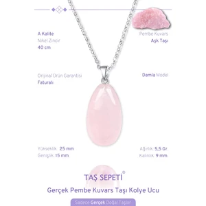 Taş Sepeti Gerçek Pembe Kuvars Doğal Taşı Dar Damla Model Zincirli Kolye Ucu
