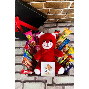 Eşe - Arkadaşa - Sevgiliye Hediye Kırmızı Ayıcık ve Bol Atıştırmalık