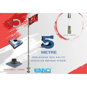 5 Metre (Mt) 304 Kalite Modüler Paslanmaz Bayrak Direği