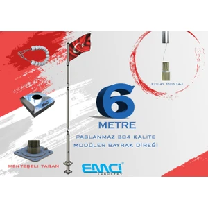 6 Metre(Mt) 304 Kalite Modüler Paslanmaz Bayrak Direği