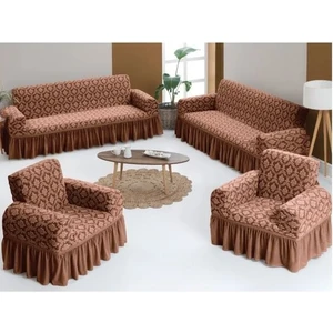 Esnek Yıkanabilir Pamuklu 3+3+1+1 Jakarlı Koltuk Örtüsü Takımı Koltuk Kılıfı Koyukahve