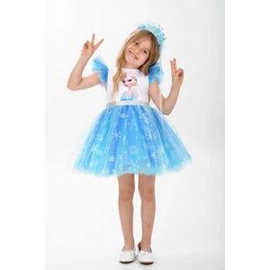 Elsa Karlar Kraliçesi Kar Tanesi Taçlı Kız Çocuk Elbisesi