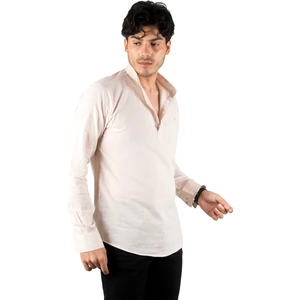 Yarım Düğmeli Çizgi Desenli Hakim Yaka Flamlı Keten Uzun Kollu Erkek Gömlek 2201914