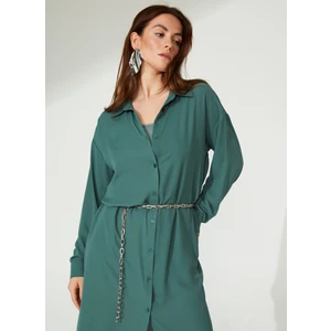 People By Fabrika Gömlek Yaka Düz Açık Haki Midi Kadın Elbise Mikro