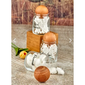 Fbz Home 3'lü Ahşap Top Kapaklı 300 ml Cam Kulak Pamuğu & Diş Ipi & Pamuk Kavanozu