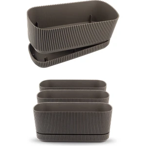 4 Adet Pera Uzun Saksı Seti No1 1,5 Litre Krater Kahve 23CM Plastik Tabaklı Çiçek Bitki Balkon Saksısı