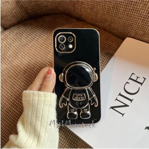 M.TK Moveteck Xiaomi Mi 11 Lite Kılıf Astronot Standlı Sevimli Parlak Gold Altın Kenarlı Tam Korumalı 3D Karakterli