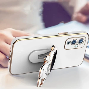 M.TK Moveteck One Plus 9 Pro Uyumlu Kılıf Yatay ve Dikey Standlı Astronot Tutacaklı Sevimli Parlak Gold Altın Kenarlı Şeritli Tam Korumalı 9d
