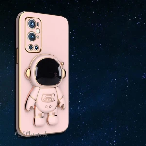 M.TK Moveteck One Plus 9 Pro Uyumlu Kılıf Yatay ve Dikey Standlı Astronot Tutacaklı Sevimli Parlak Gold Altın Kenarlı Şeritli Tam Korumalı 9d