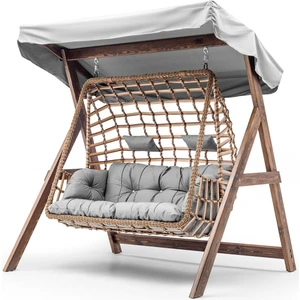 Girne Swing Ahşap Rattan Salıncak Dış Mekan Bahçe Balkon ve Teras Salıncağı Gri