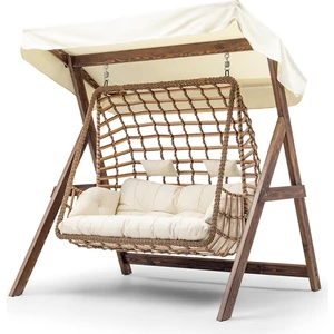 Girne Swing Ahşap Rattan Salıncak Dış Mekan Bahçe Balkon ve Teras Salıncağı Krem