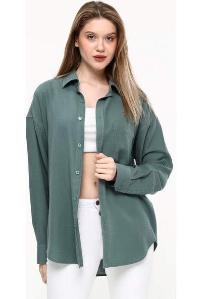 Give Way Kadın Oversize Uzun Gözlük Britli Desenli Linen Look Gömlek Koyu Yeşil
