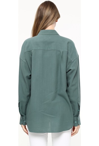 Give Way Kadın Oversize Uzun Gözlük Britli Desenli Linen Look Gömlek Koyu Yeşil