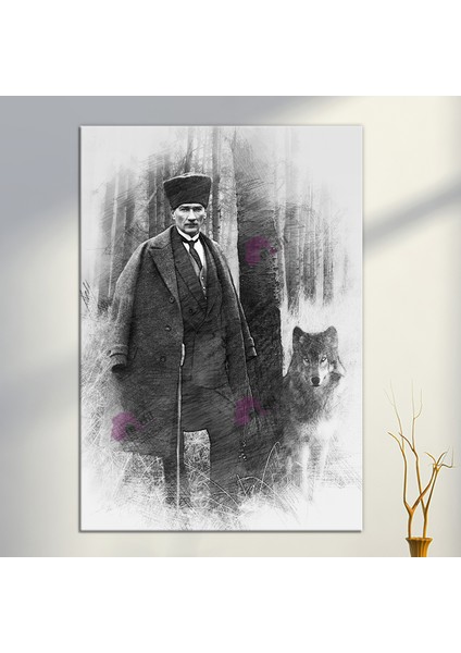 Mustafa Kemal Atatürk Karakalem Efektli Kanvas Tablo (8 Farklı Ölçü)